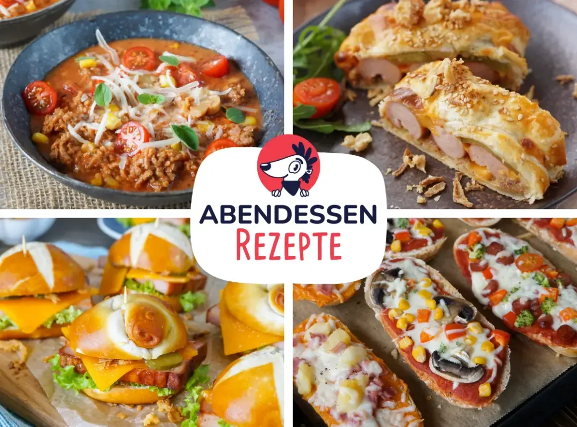 Vier leckere Ideen für ein schnelles Abendbrot: herzhafte Suppe, Würstchen im Blätterteig, Mini-Burger und belegte Baguette-Scheiben.