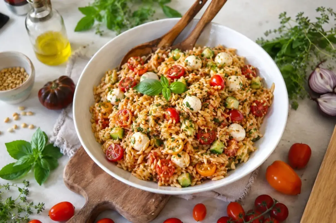 Ein bunter Risoni Salat mit Kirschtomaten, Mozzarella-Kugeln und Gurken, garniert mit frischem Basilikum.