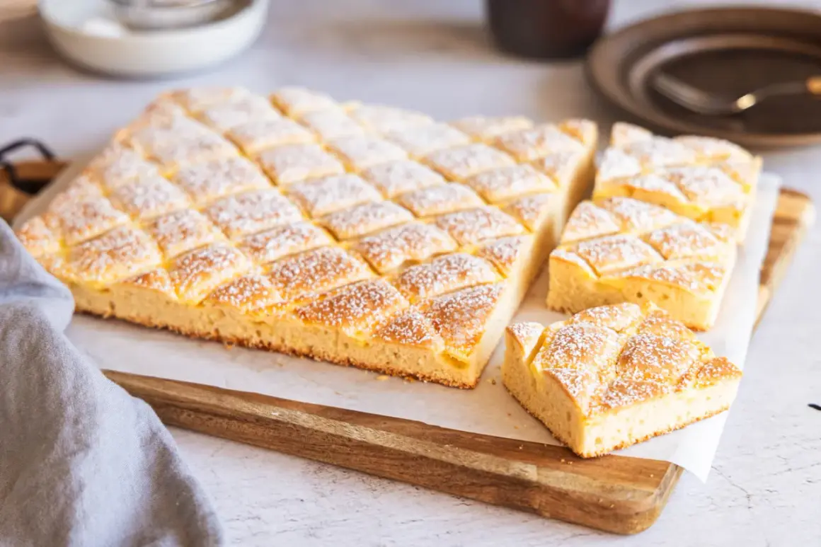 Leckerer Blechkuchen mit Puderzucker bestreut, perfekt für einfache Blechkuchen Rezepte.