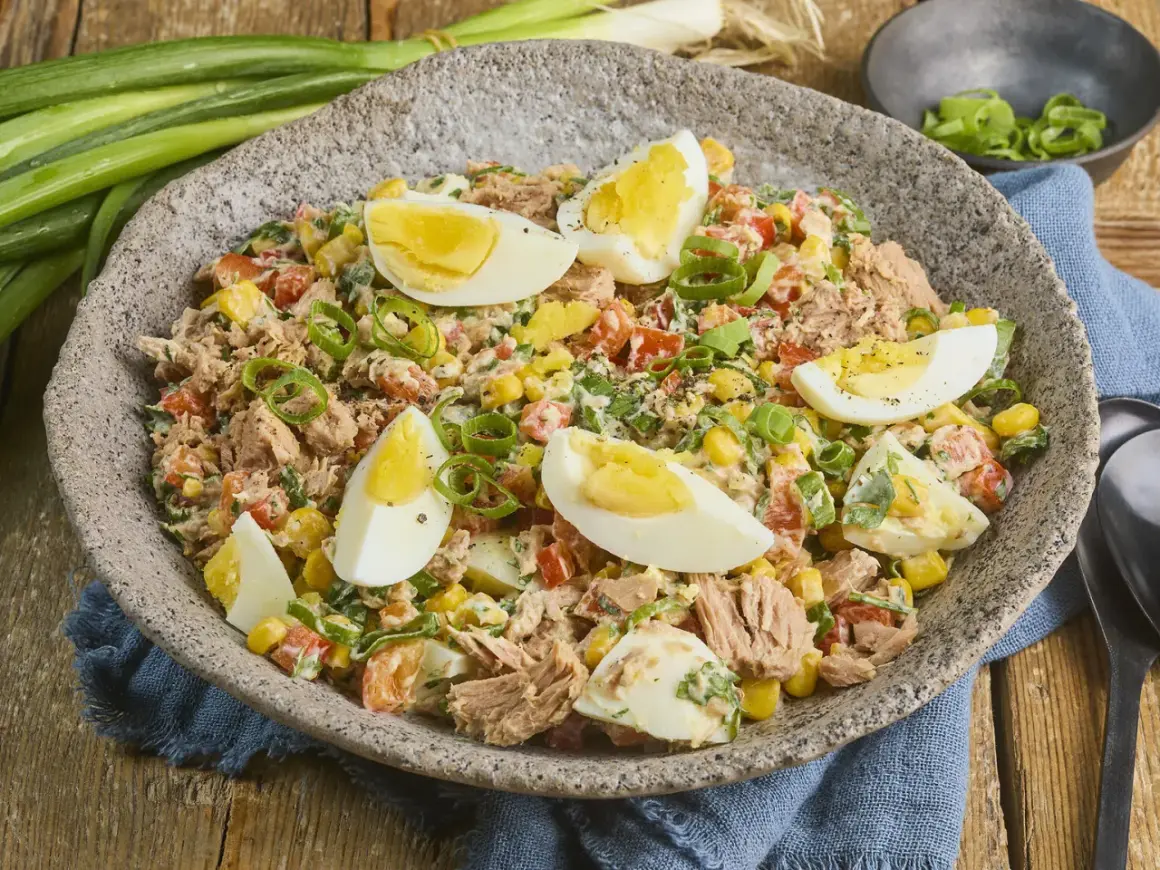 Herzhafter Thunfischsalat mit Mais, Tomaten, Ei und Frühlingszwiebeln, garniert mit hartgekochten Eierspalten.