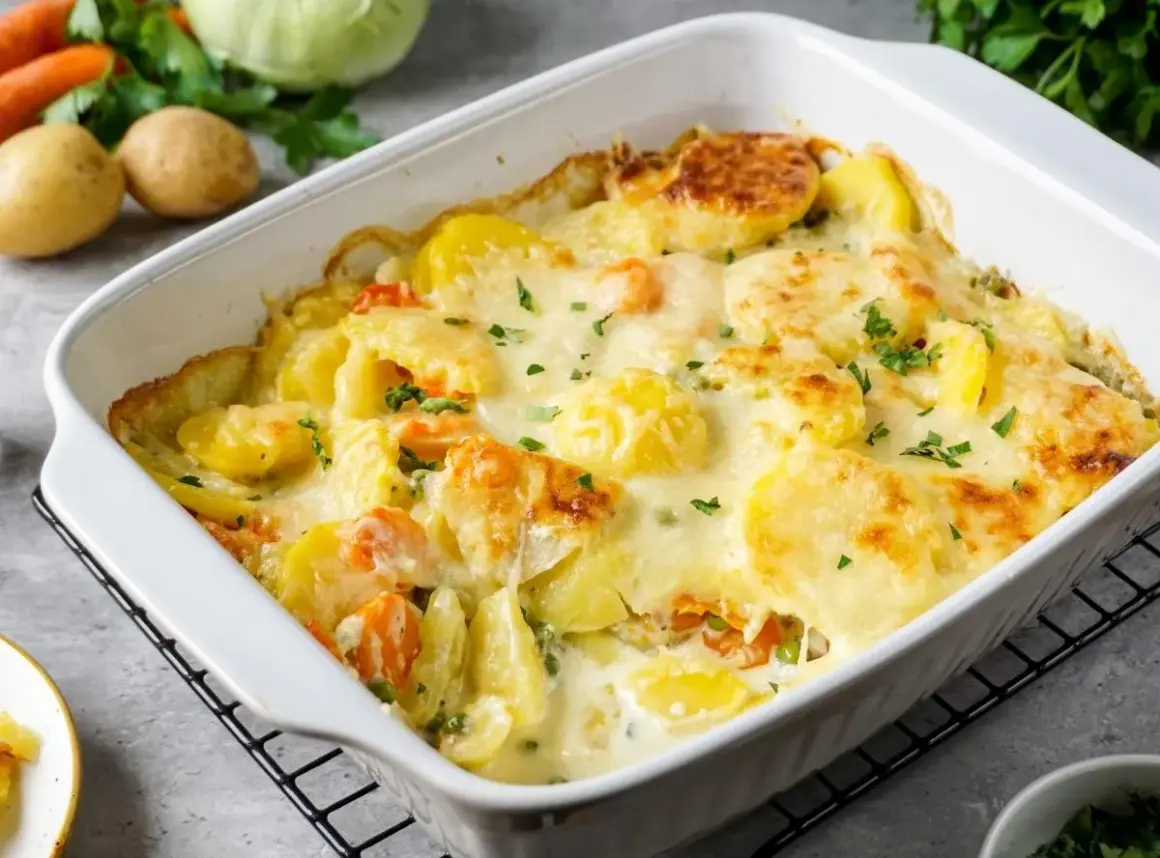Herzhafter Kartoffel-Gemüse-Auflauf, goldbraun überbacken mit Käse. Ein köstliches Auflauf Rezept für die ganze Familie.