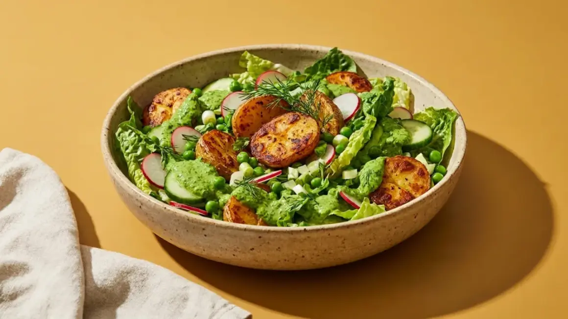 Ein bunter green goddess salat mit gerösteten Kartoffeln, Erbsen, Radieschen und Gurken, beträufelt mit cremiger grüner Soße.