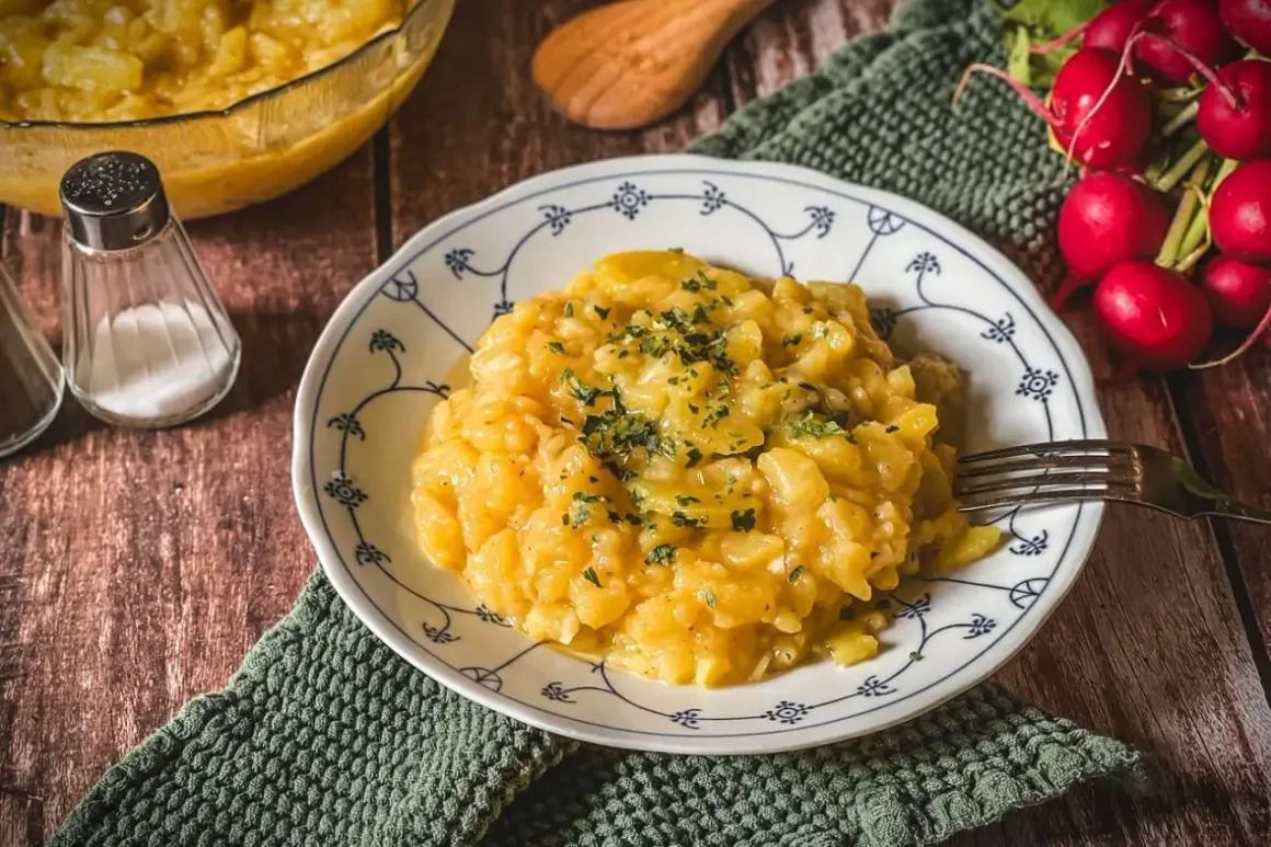 Omas Salate Rezepte: Ein Teller Kartoffelsalat, garniert mit Petersilie, daneben Radieschen und Gewürzstreuer.