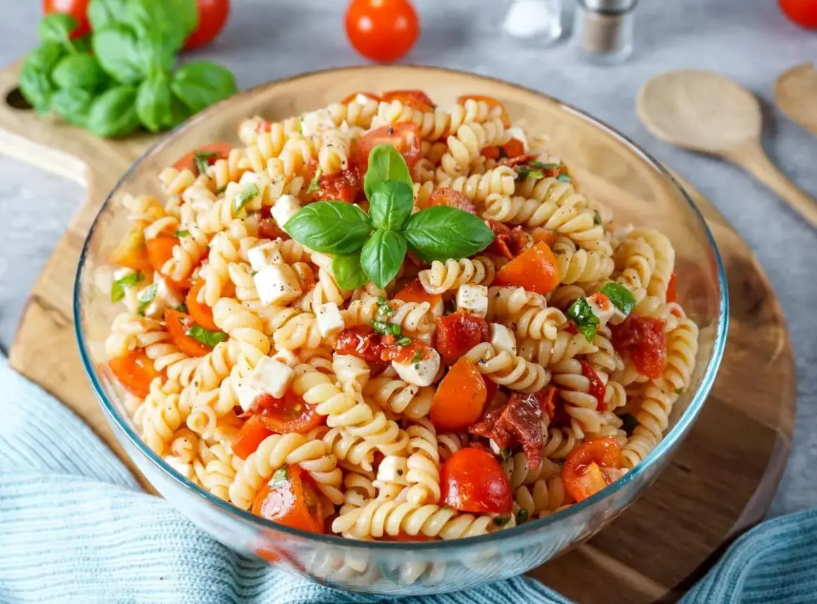 Ein köstlicher mediterraner Nudelsalat mit Fusilli, Kirschtomaten, Mozzarella und frischem Basilikum, garniert mit einem Basilikumblatt.