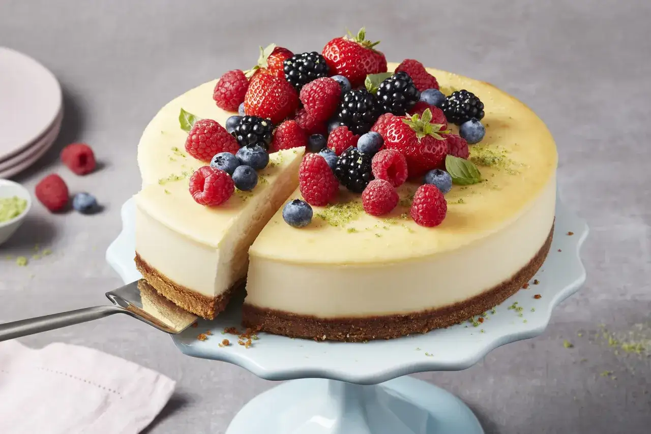 Ein cremiger american cheesecake, üppig belegt mit frischen Beeren und Erdbeeren, bereit zum Servieren.