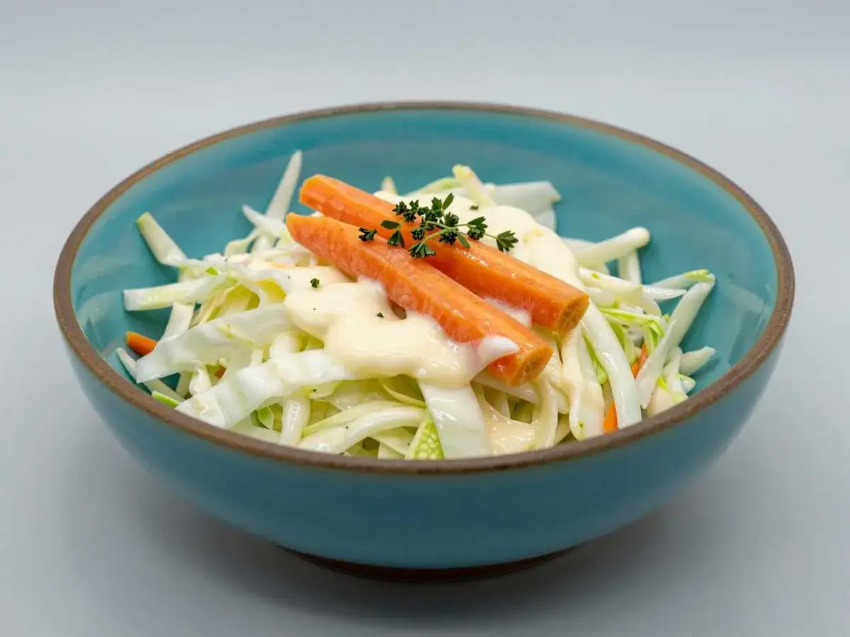 Frischer Coleslaw Salat mit Karottenstiften und Kräutern in einer blauen Schüssel.
