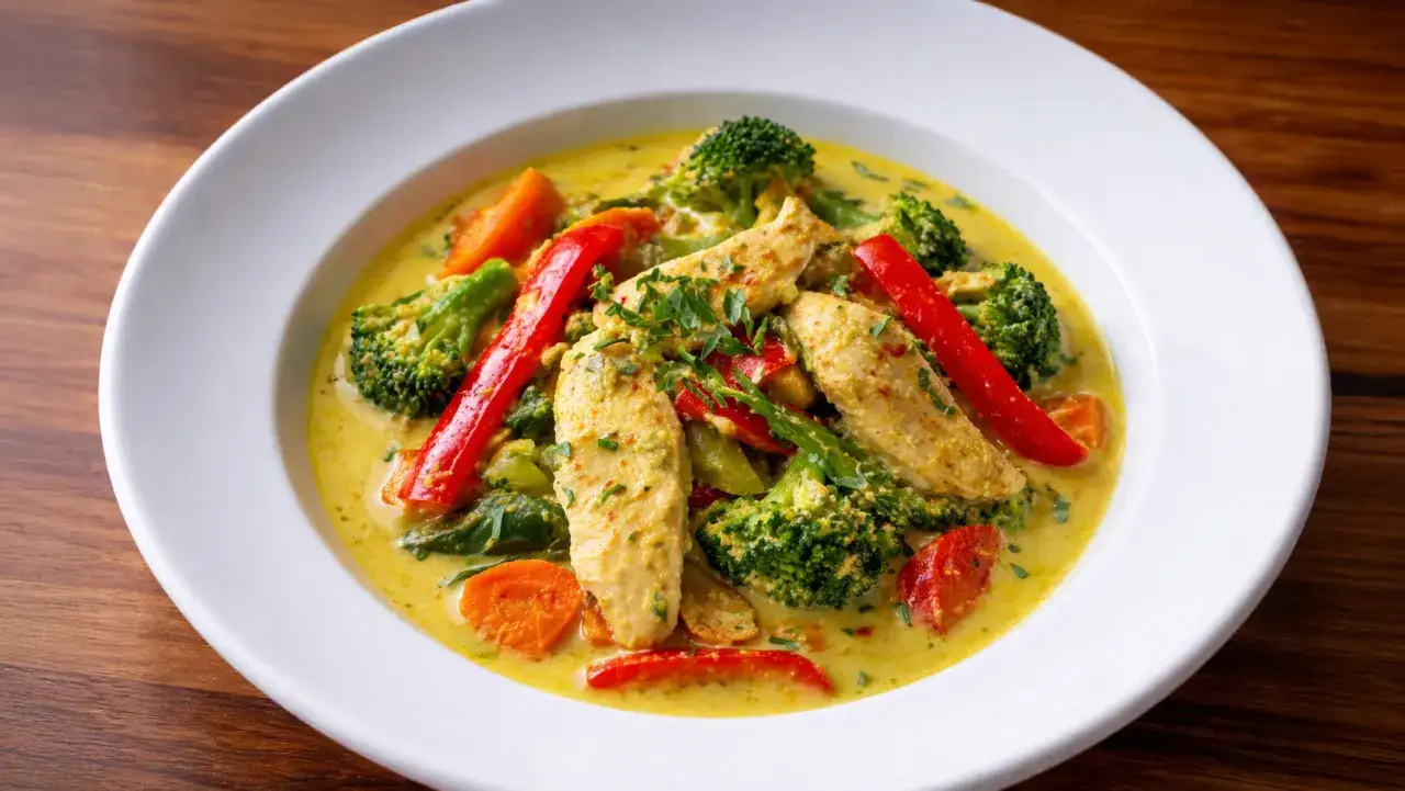 Ein Teller mit cremigem Curry Geschnetzeltem, garniert mit frischer Petersilie, Paprika, Brokkoli und Karotten.