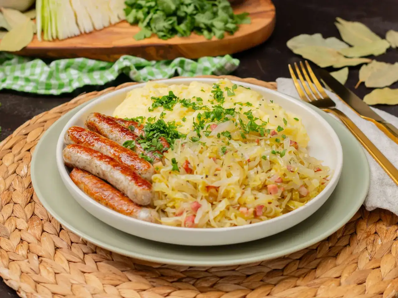 Deftige Bratw&uuml;rste mit Kartoffelbrei und herzhaftem bayrisch Kraut, garniert mit Petersilie. Ein Klassiker!