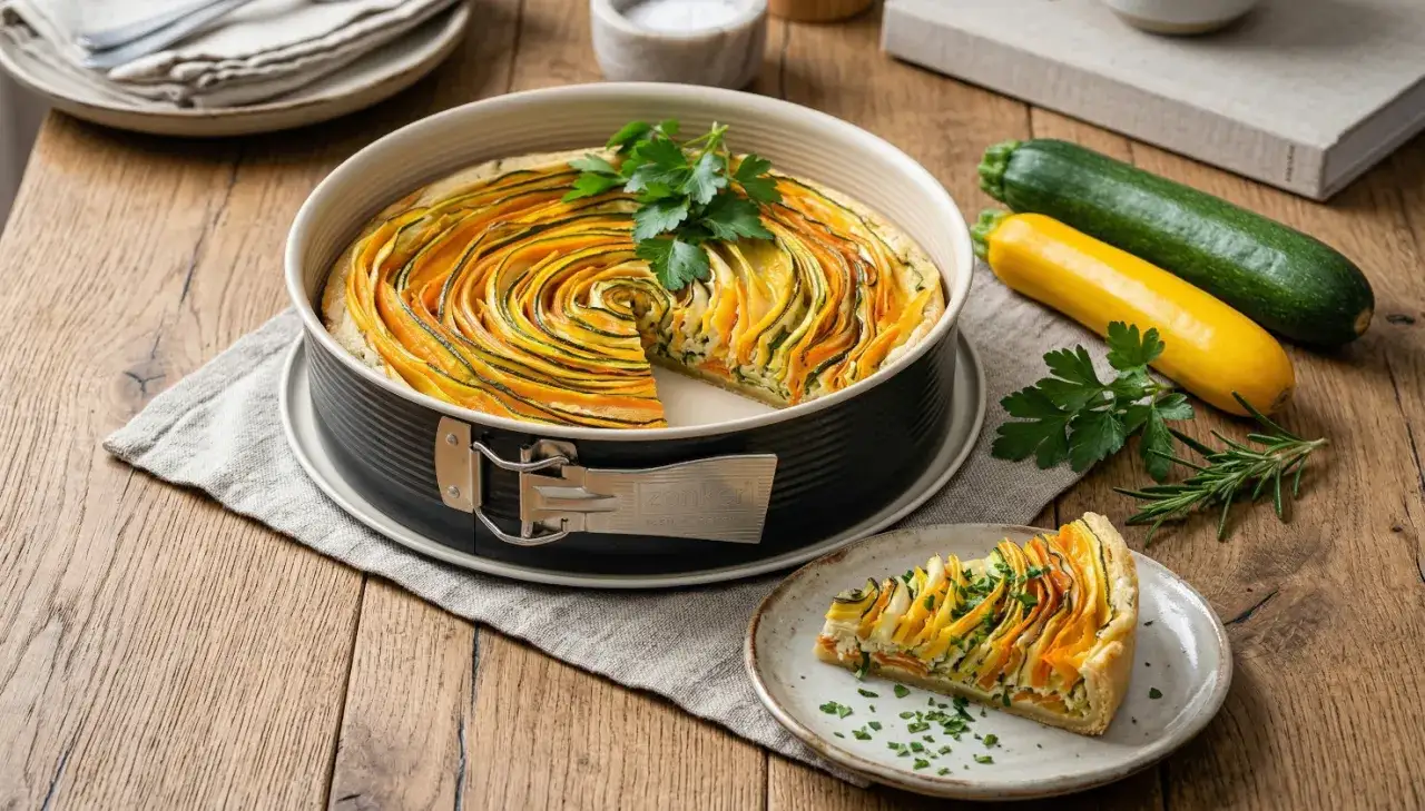 Eine kunstvoll gerollte Zucchini-Quiche mit bunten Gemüsespiralen, garniert mit Petersilie. Daneben liegen frische Zucchini und Kräuter.