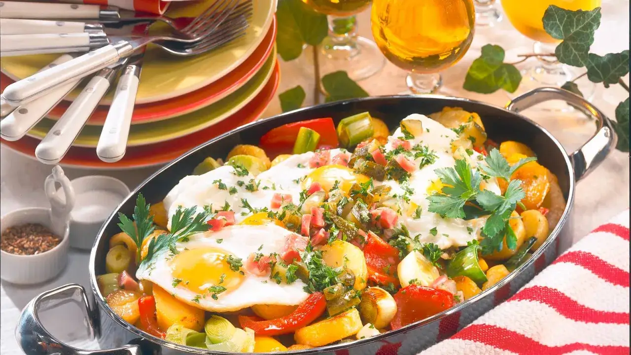 Herzhafte eier rezepte: Spiegeleier auf Kartoffeln, Paprika und Lauch, garniert mit Speck und Kräutern.