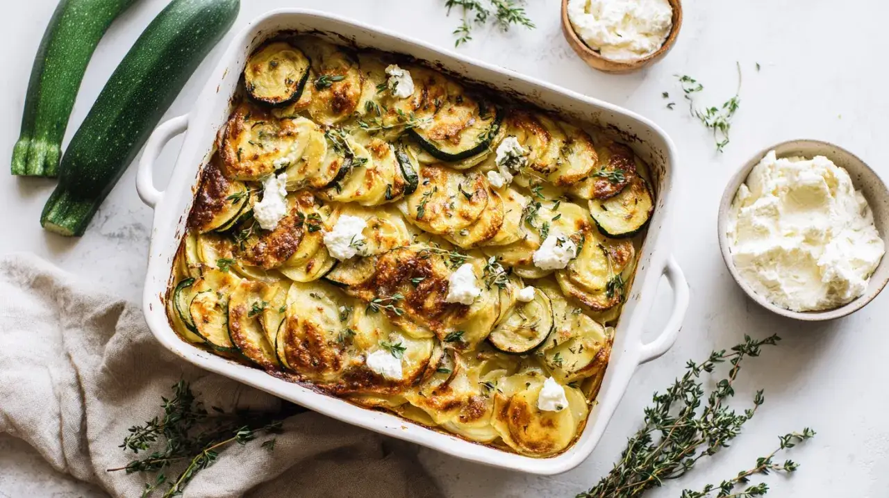 Herzhafter Kartoffel-Zucchini-Auflauf mit Ricotta, ein köstliches Gericht, das an leckere Ricotta Rezepte Auflauf erinnert.