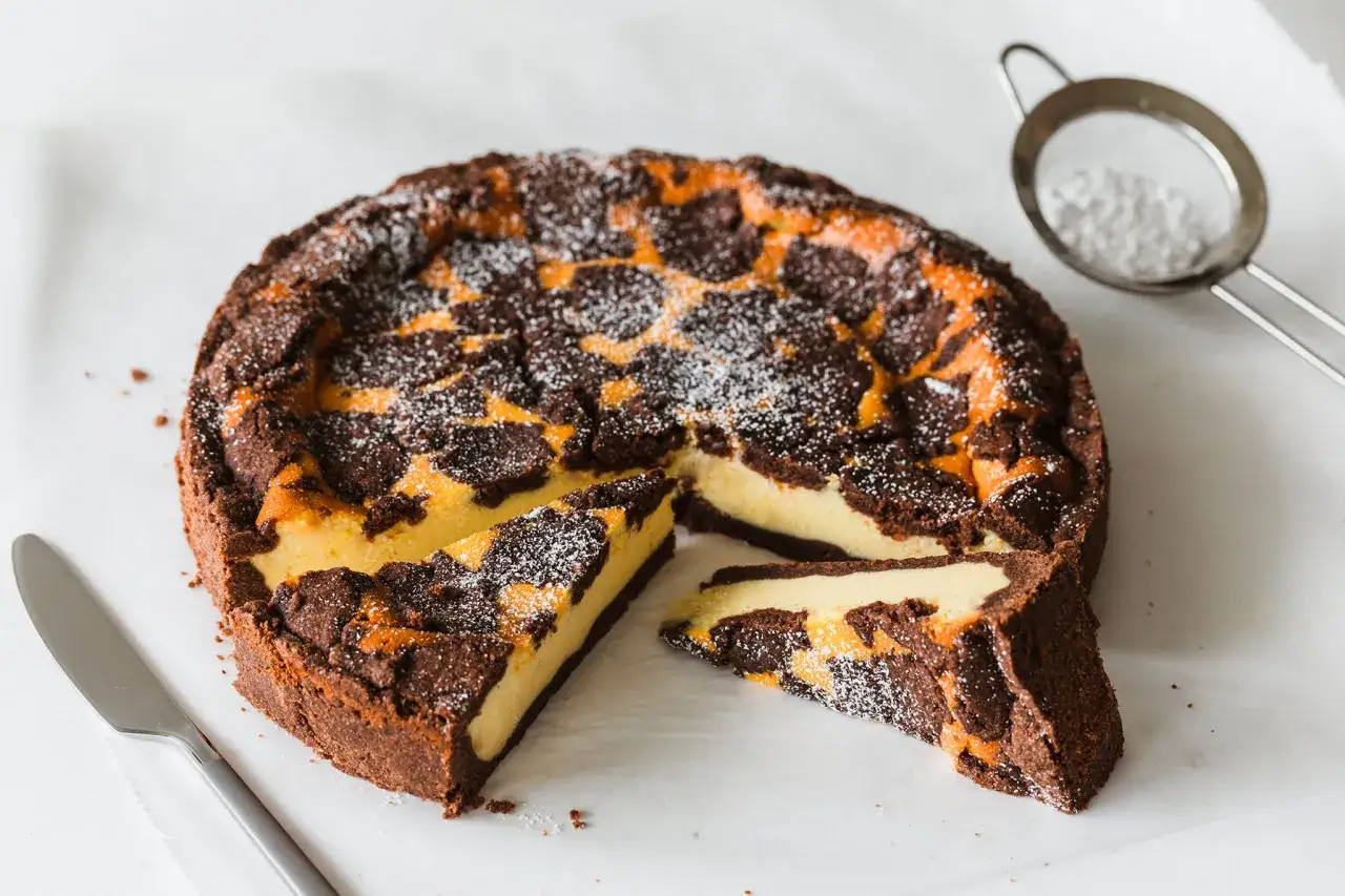 Ein Zupfkuchen-Muffin-ähnlicher Kuchen mit Schokoladen- und Käsemasse, bestäubt mit Puderzucker. Daneben ein Sieb mit Puderzucker und ein Messer.