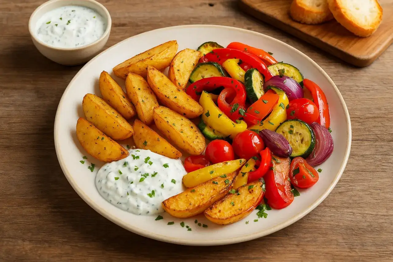 Ofenkartoffeln rezept: goldbraune Kartoffelspalten mit bunten Ofengemüsen wie Paprika, Zucchini und Tomaten, dazu ein Dip.