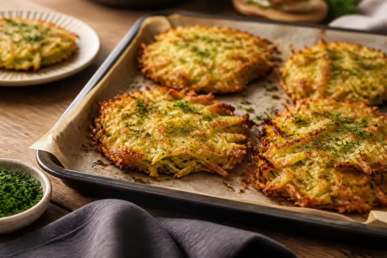 Goldbraune zucchini pfannkuchen, knusprig gebacken und mit frischer Petersilie bestreut, liegen auf einem Backblech.