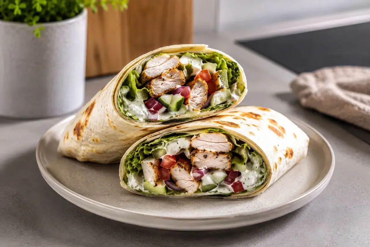 Zwei saftige wraps mit gegrilltem H&auml;hnchen, knackigem Salat, Tomaten, Gurken und einer cremigen Sauce. Eine k&ouml;stliche Mahlzeit, die man sich nicht entgehen lassen sollte.