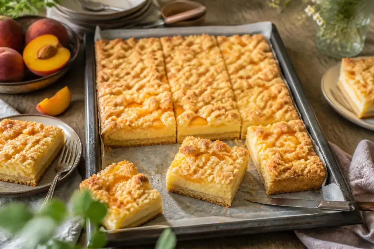 Saftiger Quark Streuselkuchen mit Pfirsichen, frisch aus dem Ofen, auf einem Blech und auf Tellern angerichtet.