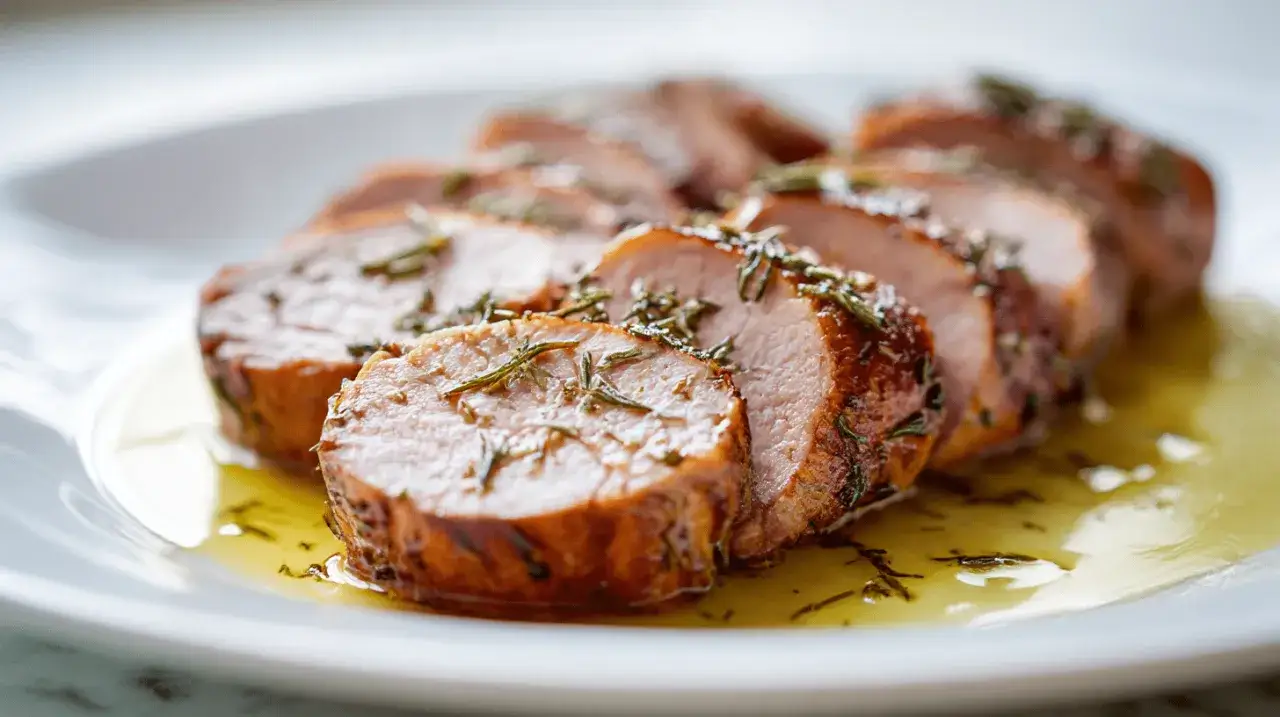 Saftiges schweinefilet im airfryer, in Scheiben geschnitten und mit Rosmarin bestreut, ruht in einer k&ouml;stlichen Sauce.