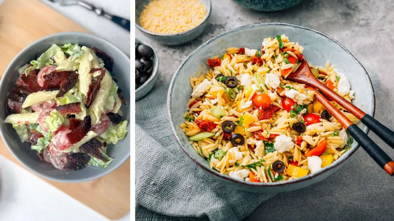 Zwei leckere Salat-Rezepte: Ein cremiger Nudelsalat mit Speck und ein mediterraner Orzo-Salat mit Feta und getrockneten Tomaten.