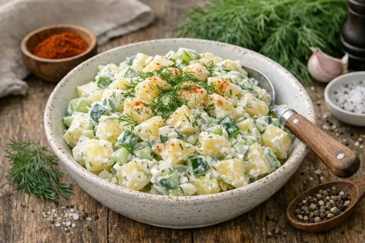 Herzhafter Kartoffelsalat mit Joghurt, Gurken und Dill, bestreut mit Paprikapulver. Ein k&ouml;stlicher Genuss!