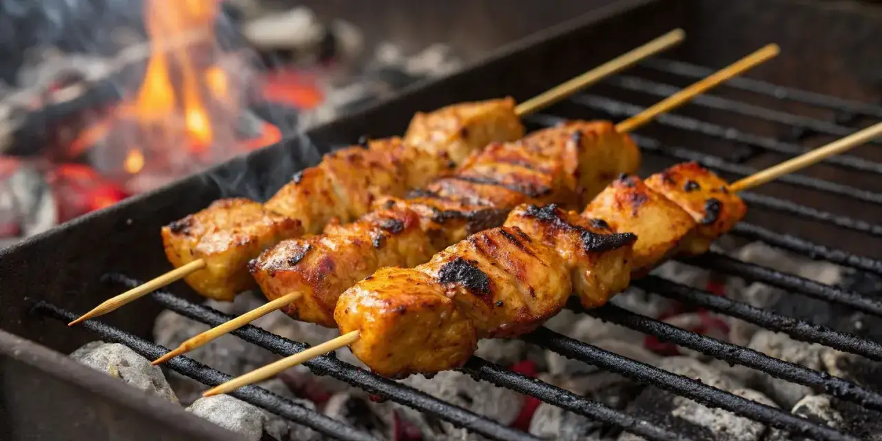 Saftige H&auml;hnchen-Schaschlik-Spie&szlig;e brutzeln &uuml;ber gl&uuml;hender Kohle. Ein perfektes Schaschlik Rezept f&uuml;r den Sommer.