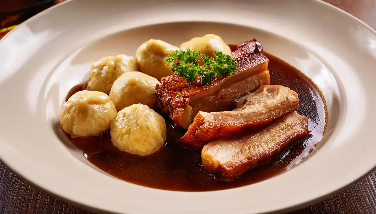 Köstlicher Schweinebraten mit knuspriger Kruste und Klößen in dunkler Soße, ein klassisches Schweinebraten Rezept.