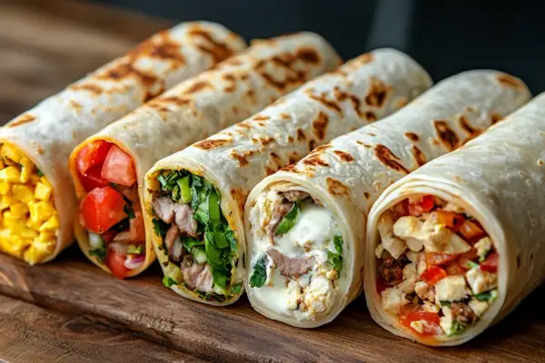 Fünf bunte Wraps mit Hähnchen, Gemüse und Käse, ein leckeres wraps rezept.