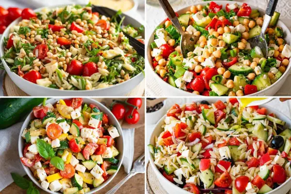 Vier Schüsseln mit frischen, bunten Salaten, die sich perfekt für moderne Salate Rezepte eignen. Mit Orzo, Kichererbsen, Gemüse und Feta.