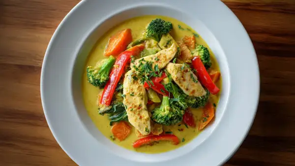 Ein Teller mit cremigem Curry Geschnetzeltes, garniert mit frischen Kräutern. Darin Hähnchenstreifen, Brokkoli, Karotten und rote Paprika.