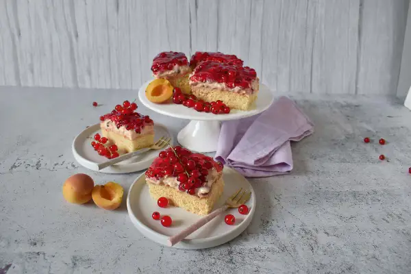 Saftiger Johannisbeerkuchen mit Quark und Pudding, garniert mit frischen roten Johannisbeeren und Aprikosen.