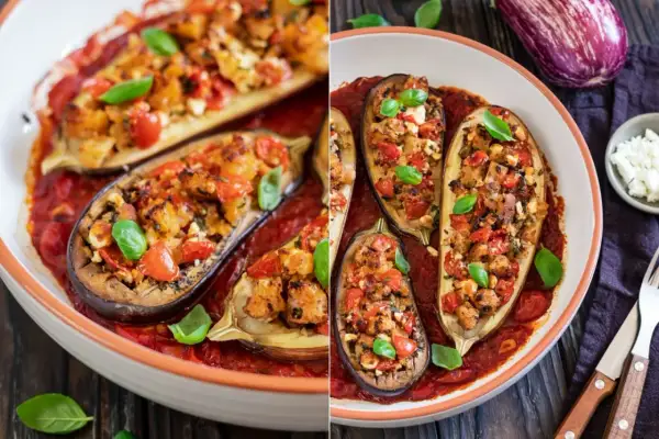 Gefüllte Auberginen im Ofen, ein köstliches Gericht mit Tomaten, Käse und Kräutern. Perfekt für leckere Auberginen Rezepte im Backofen.