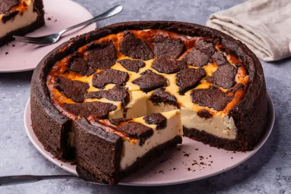 Ein saftiger russischer Zupfkuchen mit dunklem Schokoladenboden und cremiger Käsemasse, belegt mit zupfenden Schokoladenstückchen.